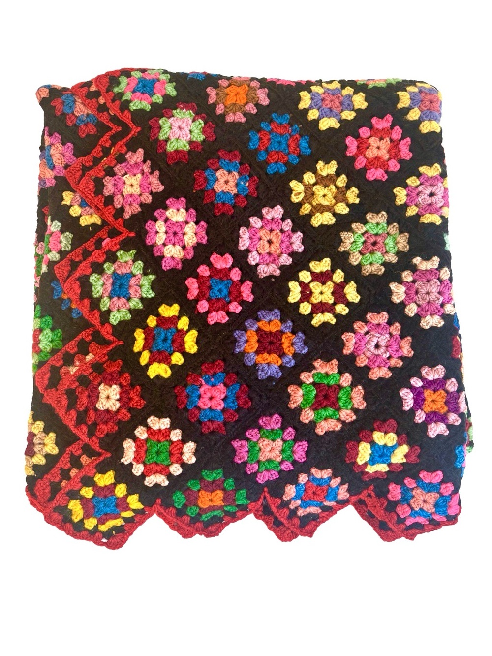 Vintage Granny Square Crochet Afghan Black Colorful Floral 54x69 Handmade - Picture 3 of 5